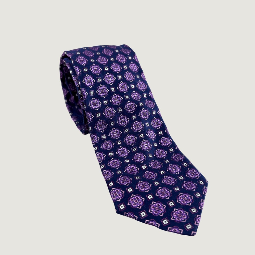 Canali Mens Silk Tie Medallion Geometric Navy Purple Made in Italy Luxury Career